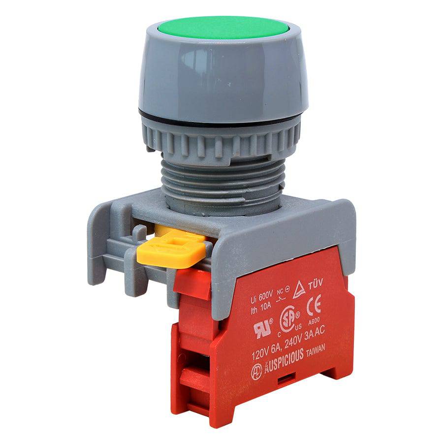 GBF22-1/C-GN - 1/C - 22mm Flat Head Push Button Switch - Verde