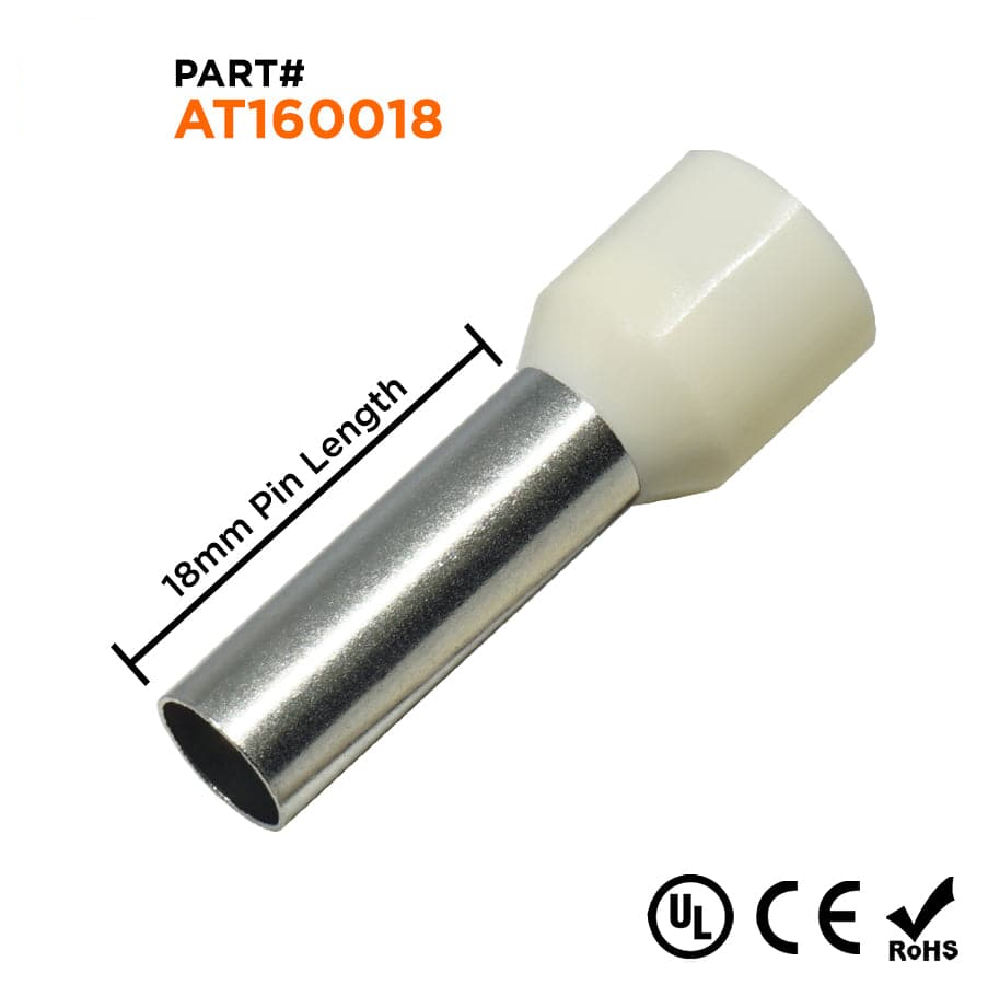 AT160018 - 6AWG Insulated Punteras, 18mm Pin, Blanco, UL Recognized, 100 piezas