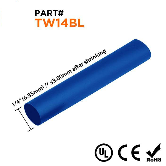 TW14BL - 1/4" Thin Wall Heat Shrink Tubing, 2:1 Shrink Ratio, Blue, Spool of 250ft