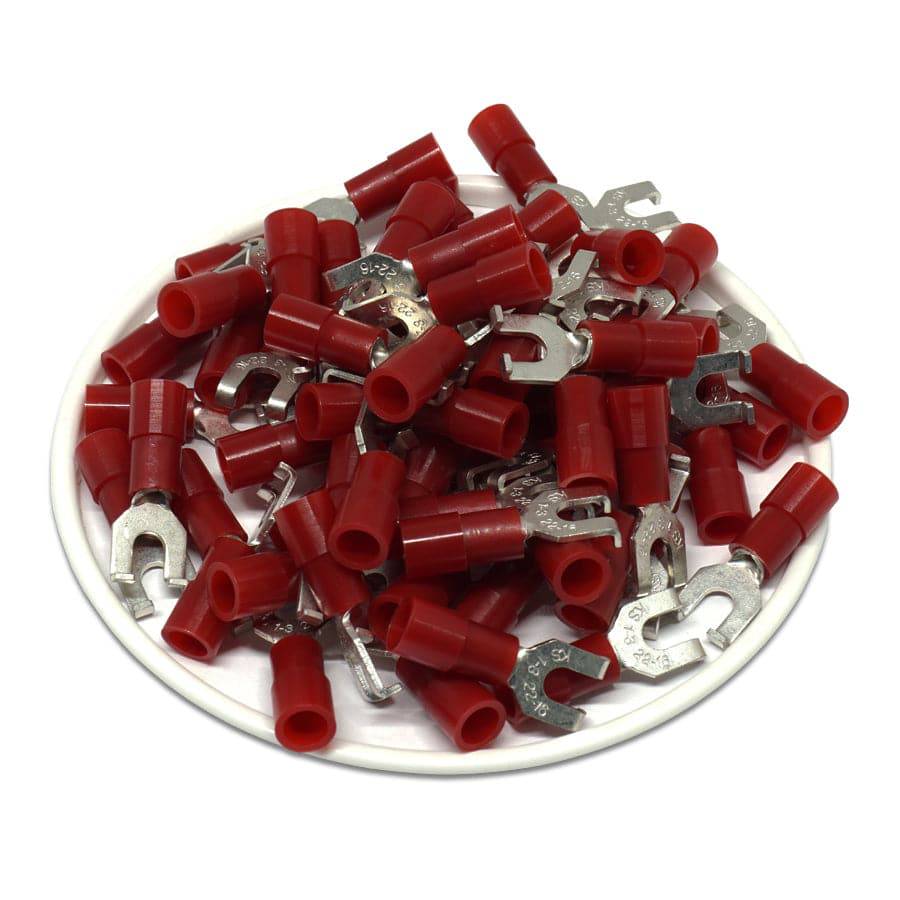 FSNYB1-3.2 - 22 to 16 AWG Nylon Insulated Flange Spade Terminals, #4 Stud, 100 Pieces