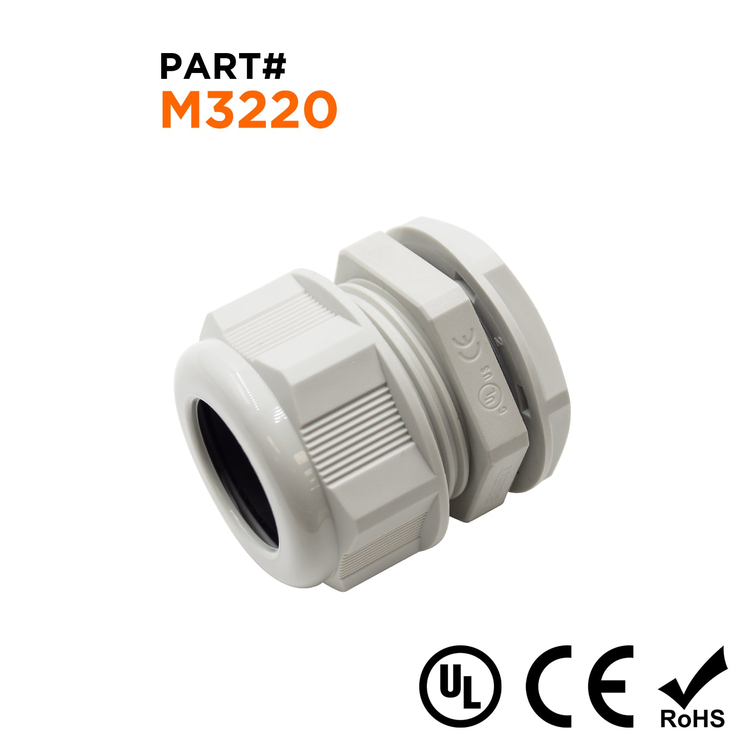 M3220GY - M32 x 1.5mm Metric Thread Nylon Cable Gland, Gray, Range: 1/2" to 13/16", UL Listed, IP68, IP69K - 1 Piece