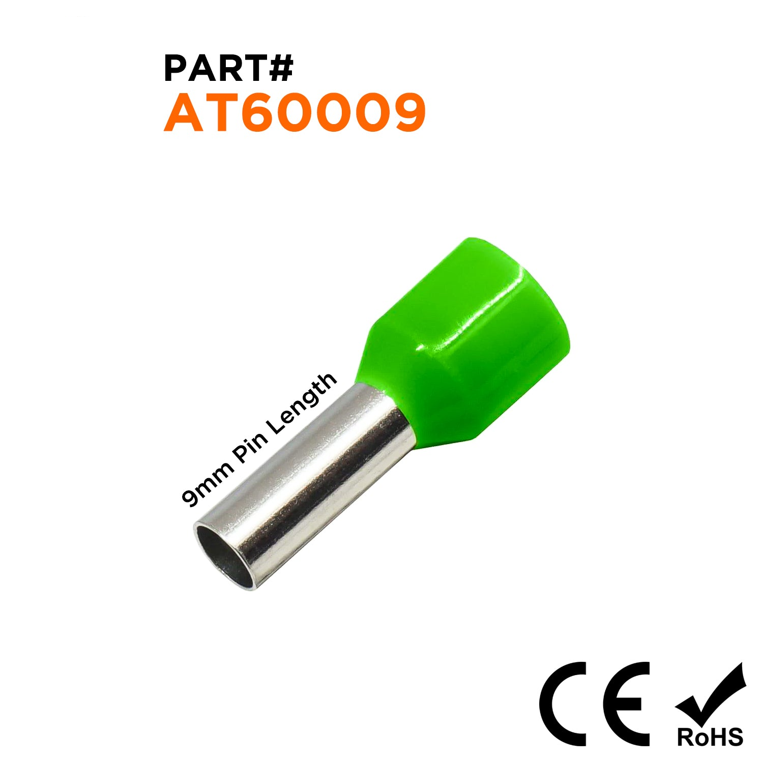 AT60009 - 10 AWG Insulated Punteras, 9mm Pin, Verde, 100 piezas