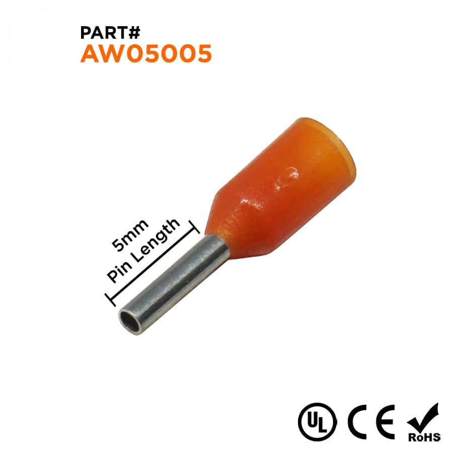 AW05005 - 22 & 20 AWG Insulated Wire Ferrules, 5mm Pin, Orange, UL Recognized, 500 Pieces