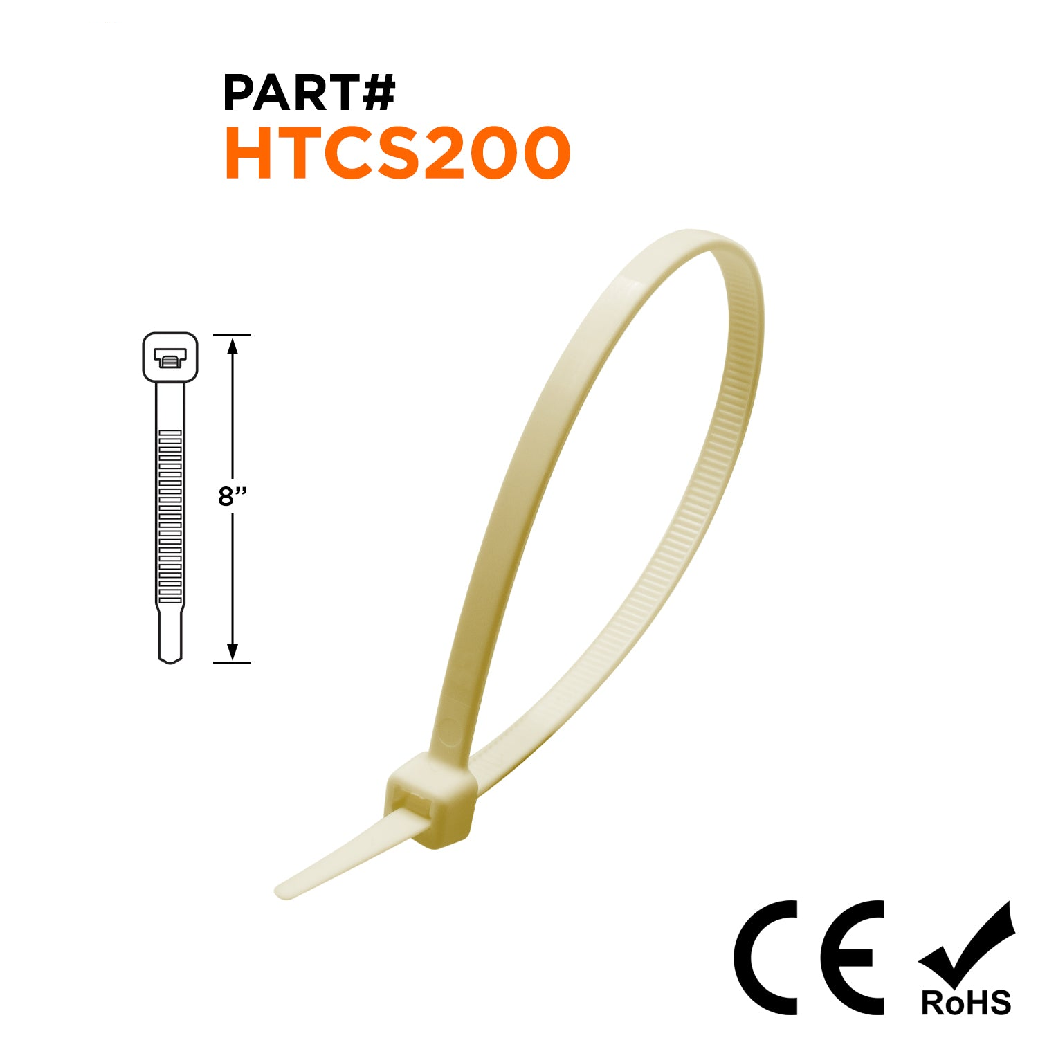 HTCS200 - 8" High Temp Standard Cable Ties, 50-lb Tensile Strength, 266°F, 100-Pack