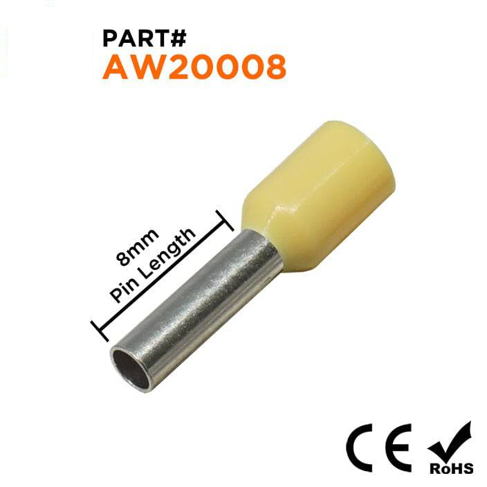 AW20008 - 14 AWG (Small Diameter) Insulated Punteras, 8mm Pin, Amarillo, 500 piezas