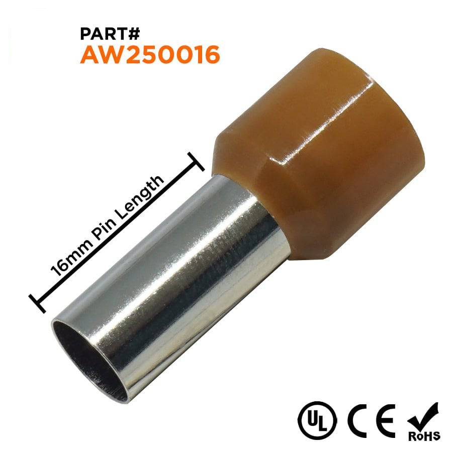 AW250016 - 4 AWG Insulated Wire Ferrules, 16mm Pin, Brown, UL Recognized, 100 Pieces