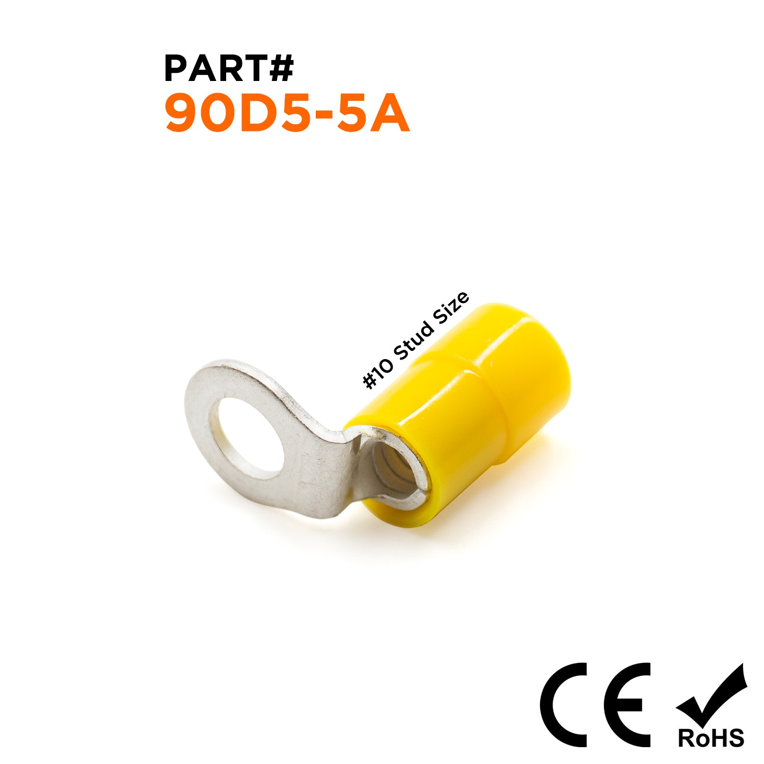 90D5-5A - 12 to 10 AWG Right Angle Nylon Ring Terminals, #10 Stud, 50 Pieces