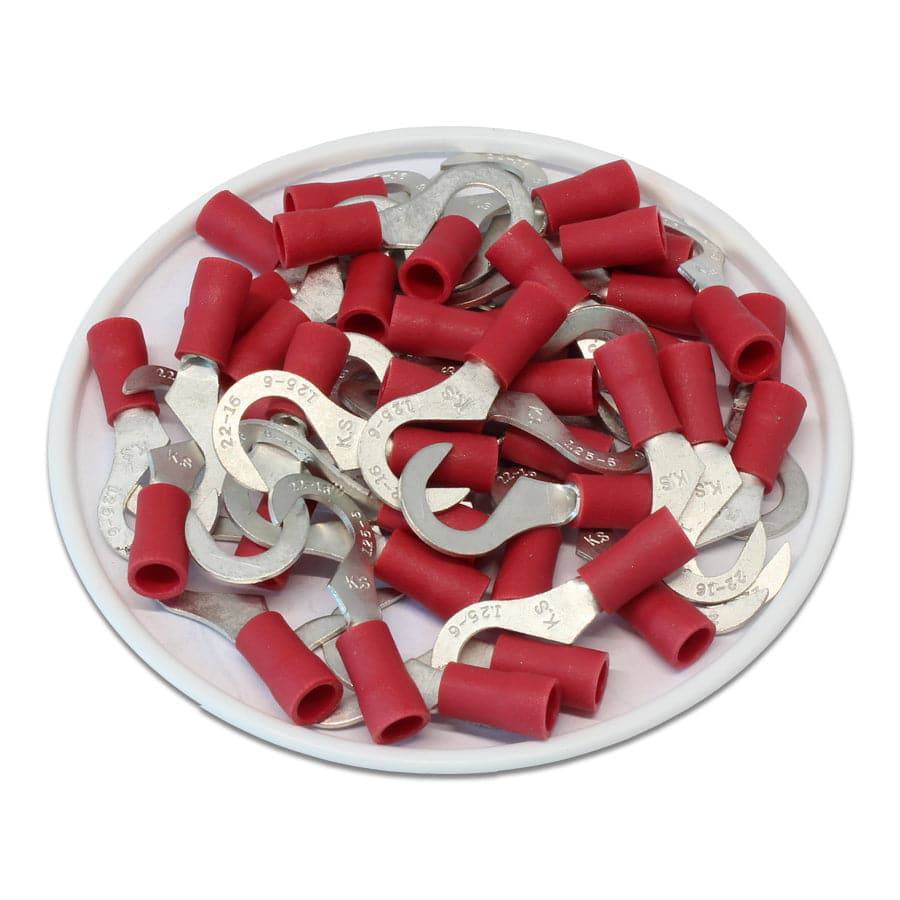 22 to 16 AWG Vinyl Insulated Hook Terminals, 1/4" Stud, Brazed Seam, 100 Pieces - HVB1-6