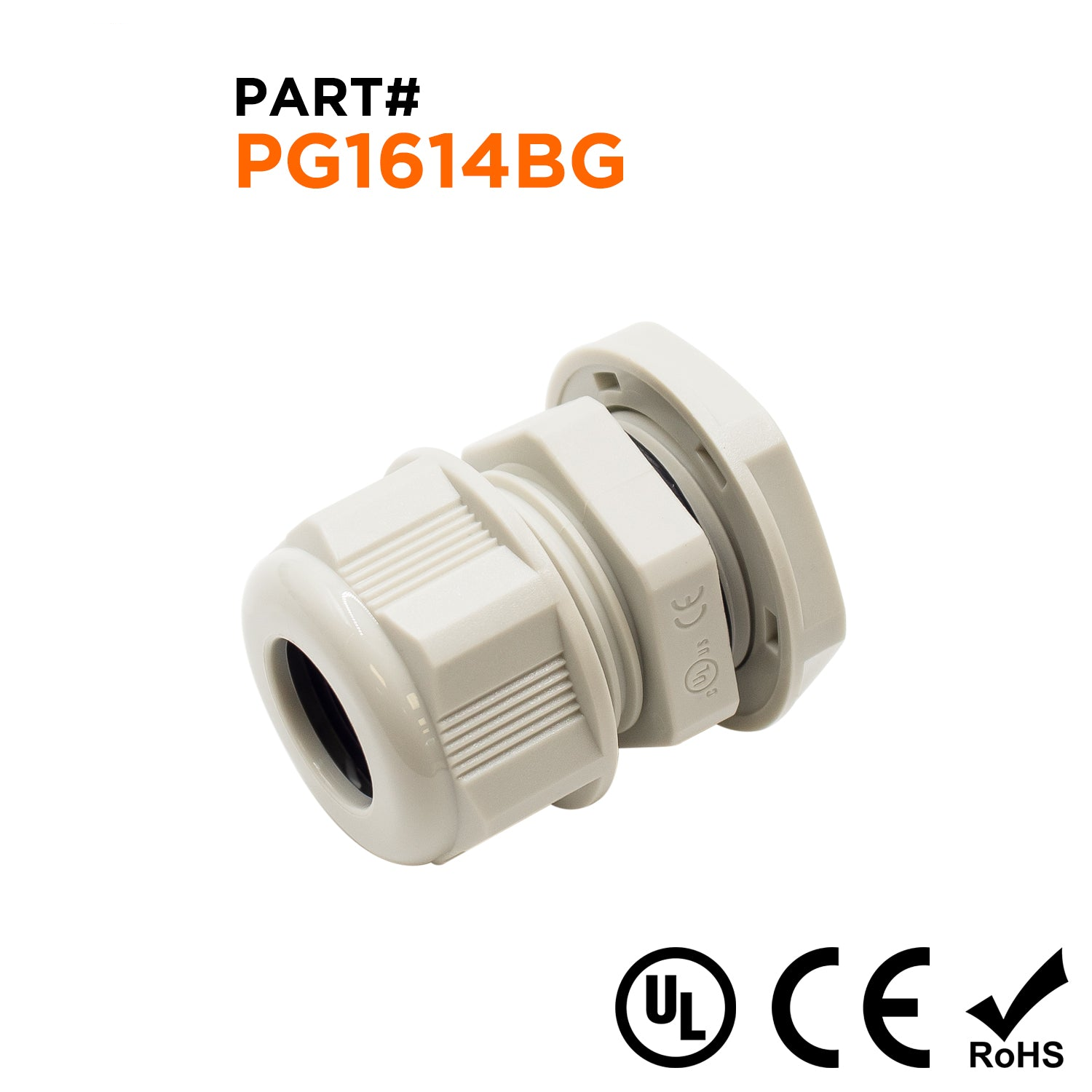 P1614BG - PG16 Rosca De nailon Prensaestopas, Beige, Rango: 3/8" a 9/16", UL Listed, IP68, IP69K - 1 pieza