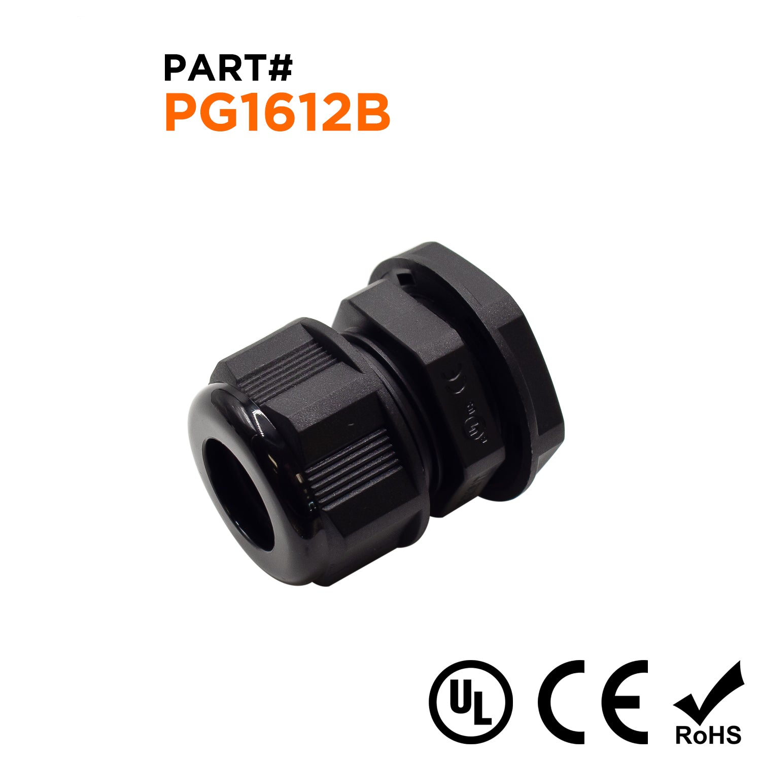 P1612B - PG16 Thread Nylon Cable Gland, Black, Range: 1/4" to 1/2", UL Listed, IP68, IP69K - 1 Piece