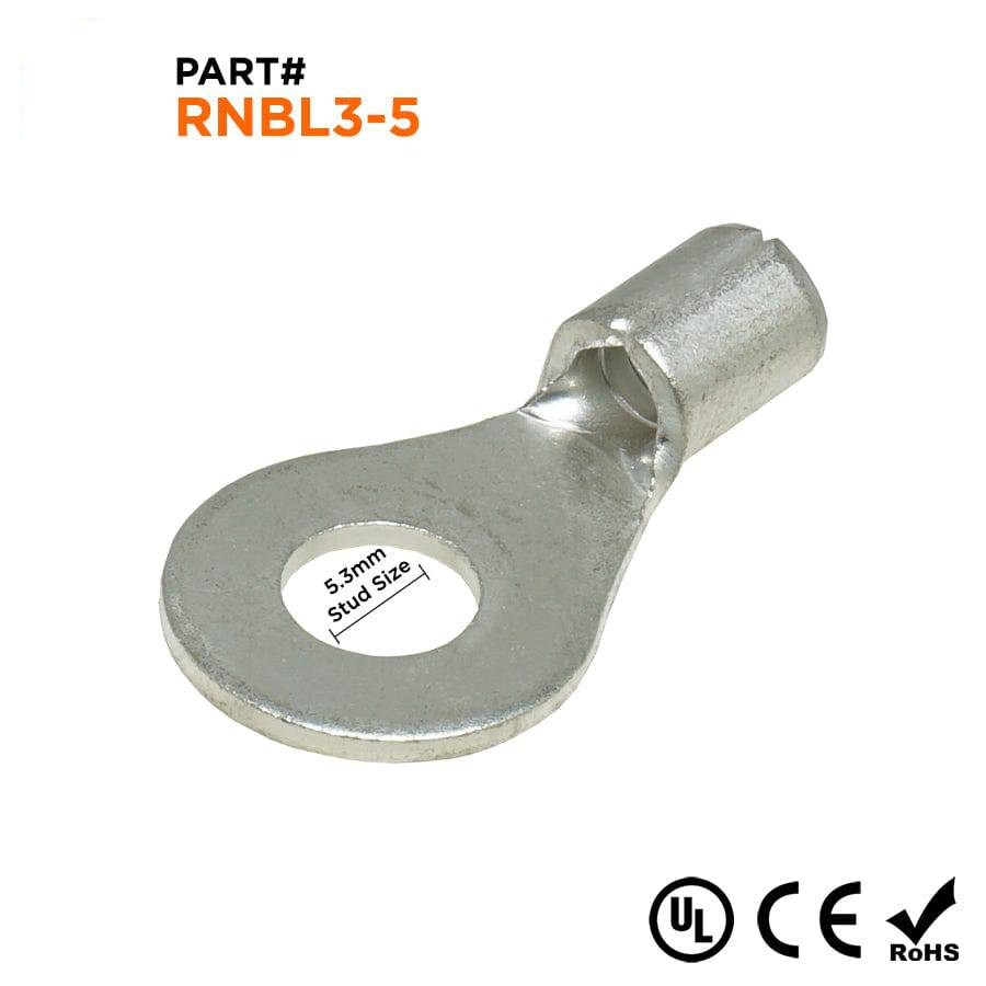 RNBL3-5 - 14 to 12 AWG Non Insulated Ring Terminals, #10 Stud, UL Recognized, 100 Pieces