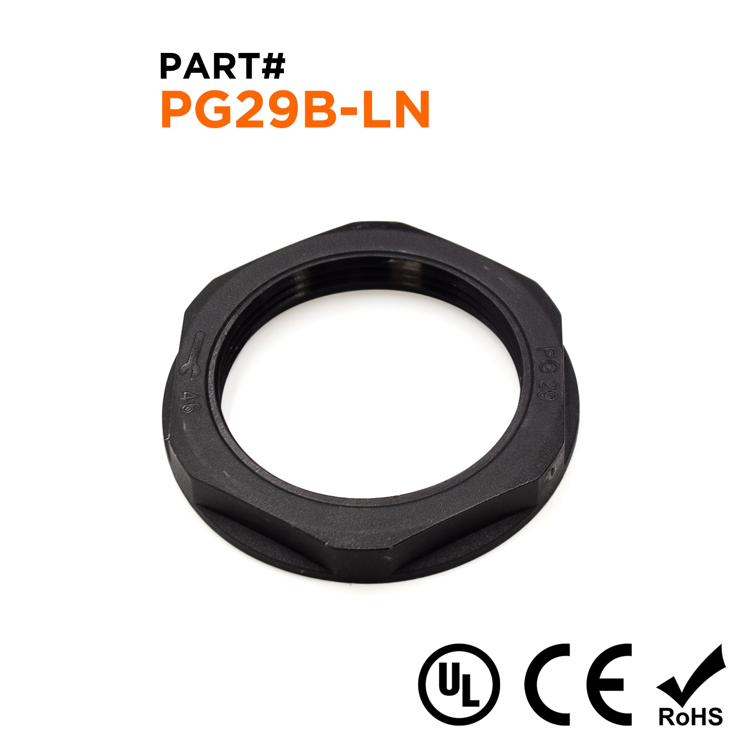 PG29 Thread Nylon Lock Nut for PG Cable Glands, Black, UL Approved, 1 Piece - PG29B-LN