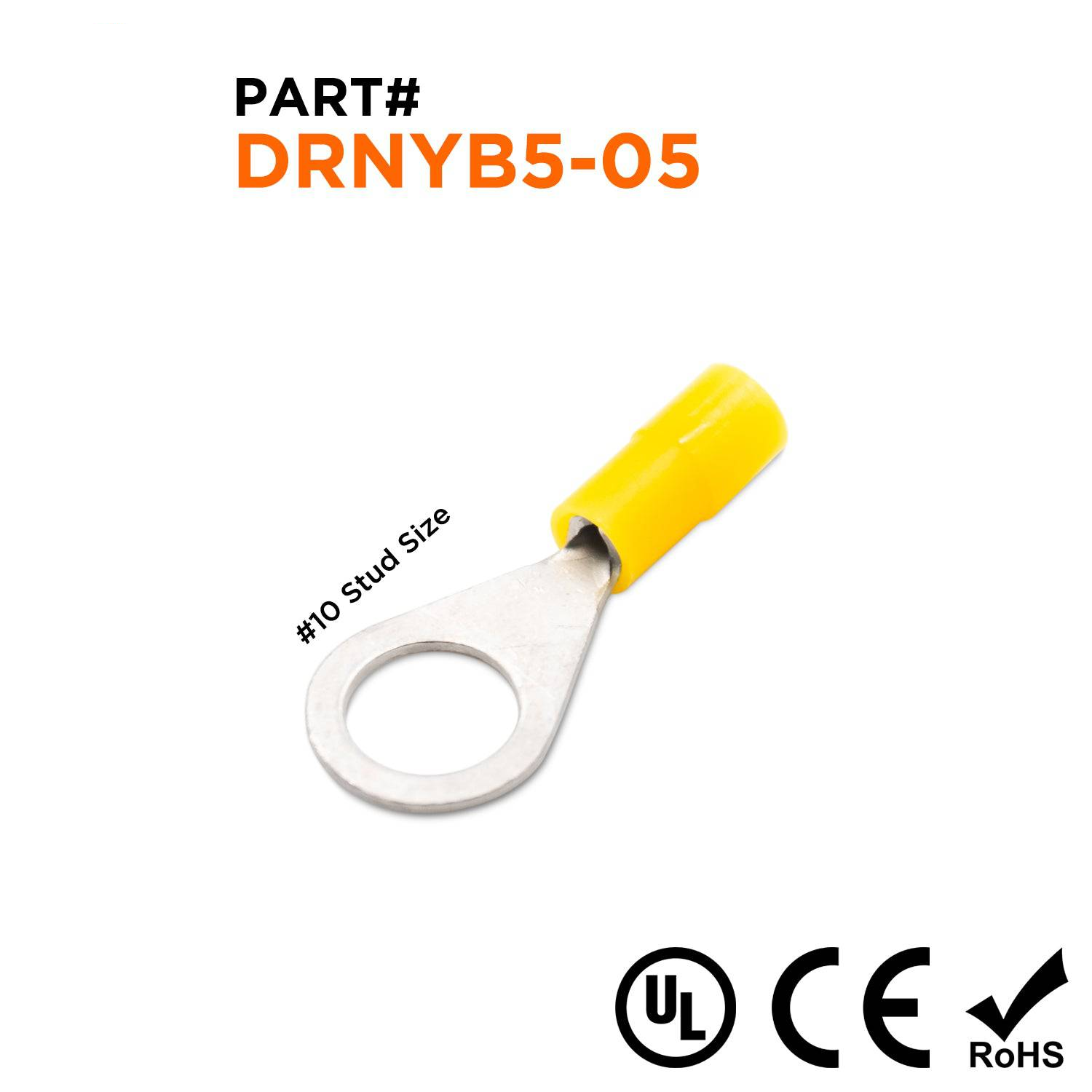 DRNYB5-0.5 - 26 to 22 AWG Nylon Insulated Ring Terminals, #10 Stud, Brazed Seam, DIN 46237, UL Recognized, 100 Pieces