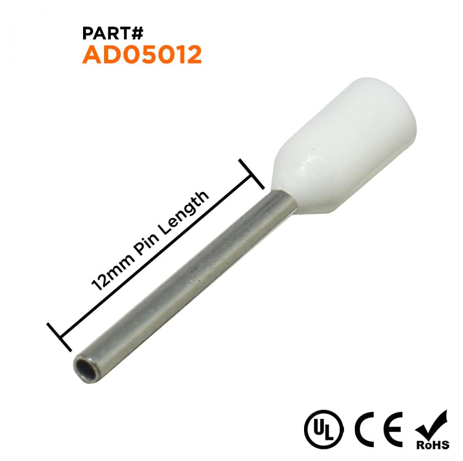 AD05012 - 22 & 20 AWG Insulated Punteras, 12mm Pin, Blanco, UL Recognized, 500 piezas