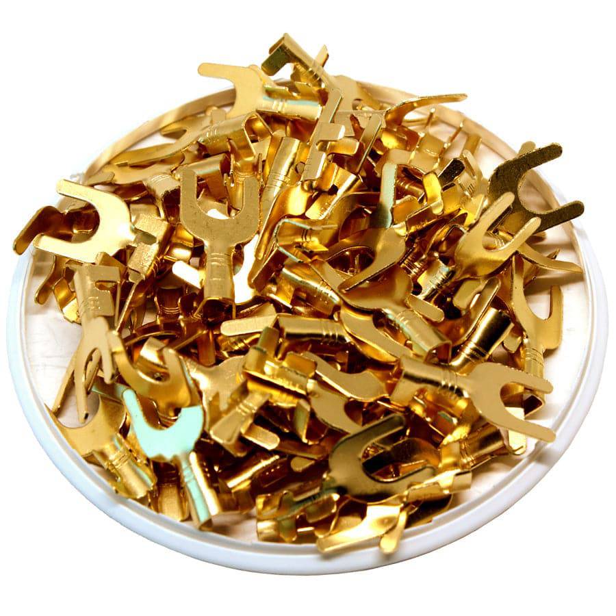DJ441A-6C - 16 to 14 AWG Fork/Spade Terminals, Open Barrel Style, Brass, 1/4" Stud, 100 Pieces