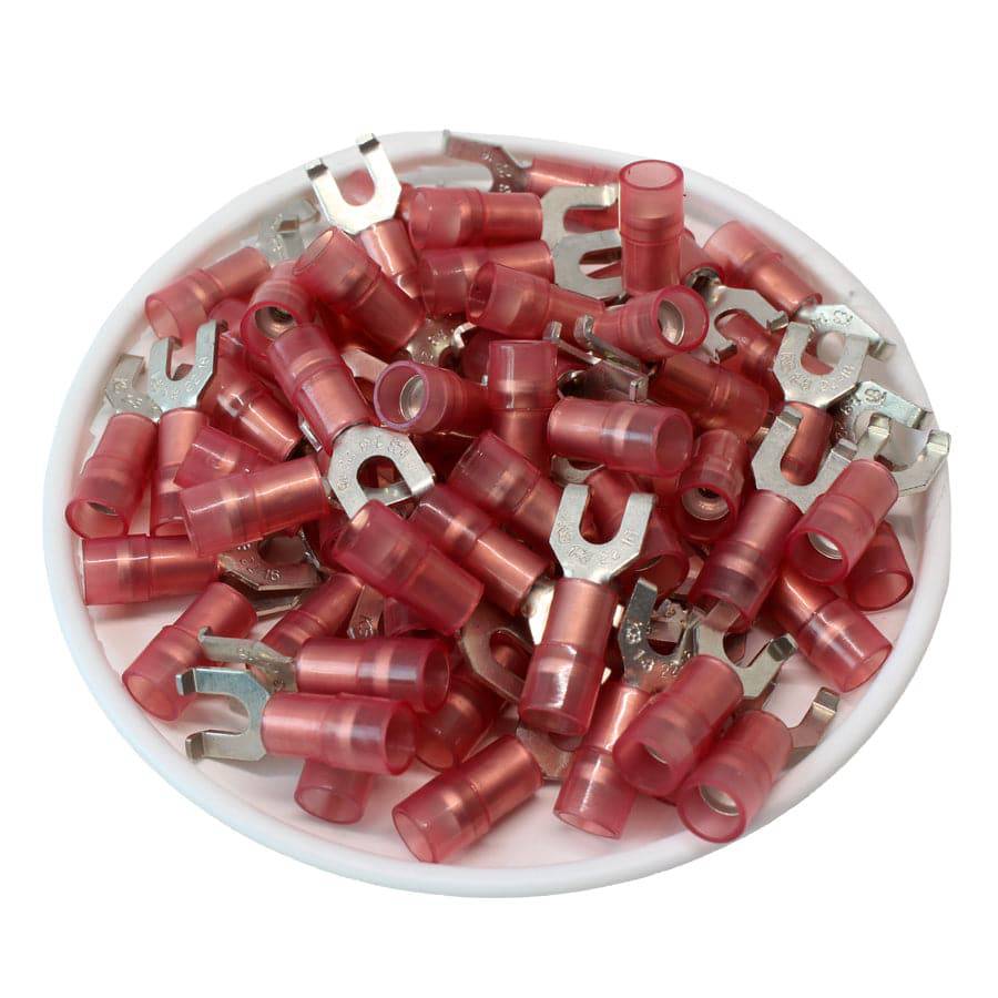 FSNYD1-32 - 22 to 16 AWG Nylon Insulated Flange Spade Terminals, #4 Stud, Double Crimp, 100 Pieces