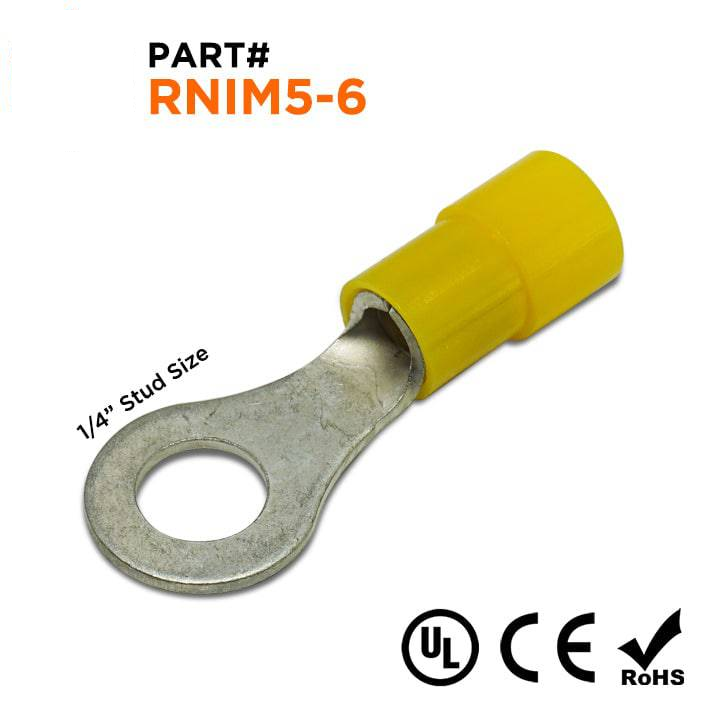 RNIM5-6 - 12 a 10 AWG Polycarbonate Terminales de anillo, 1/4" Orificio, UL Recognized, 100 piezas