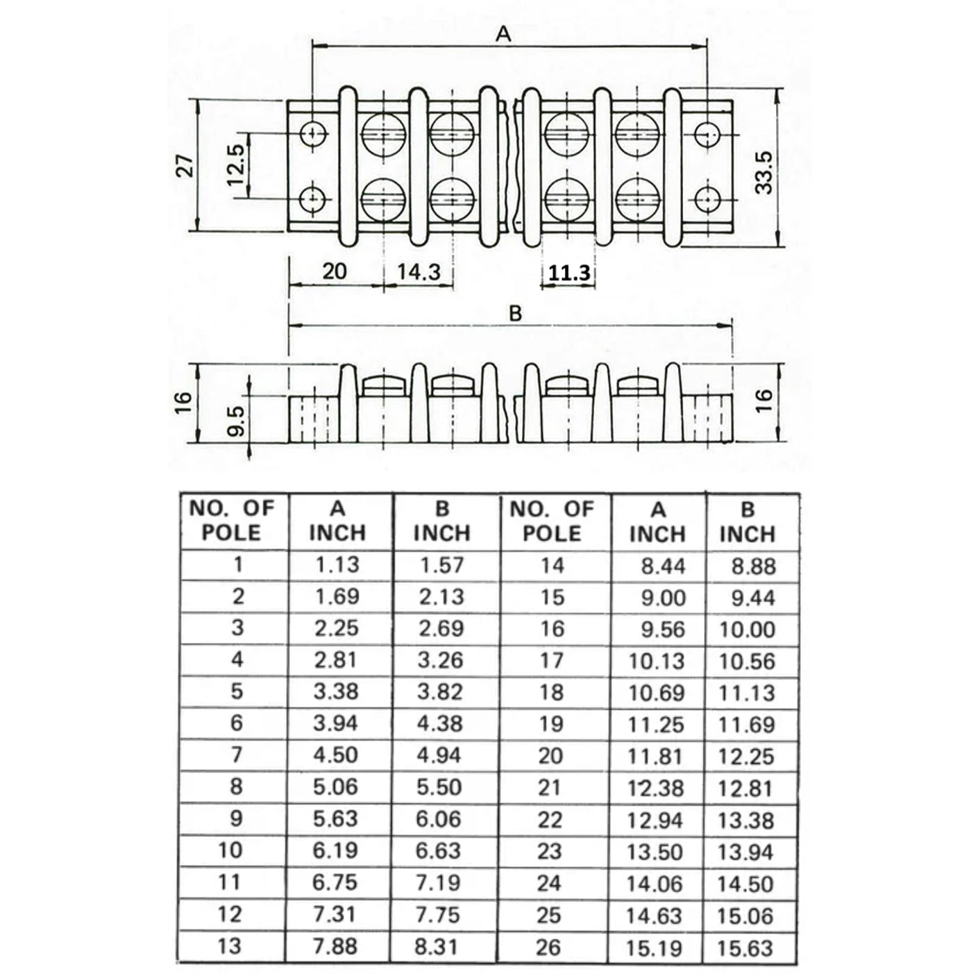 TB21-24P - Barrier Strip Terminal Block, Terminal Strip, 24 Pole, Double Row, 30A, 300V, UL Approved, 1 pieza