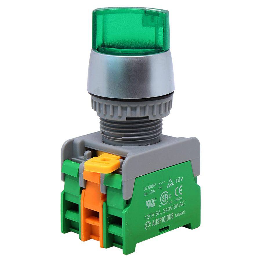 SL223-2/O-GN - 110V Illuminated Twist Knob Switch - 2 Contact (2/O) - 3 Positions (1-0-2) - Green