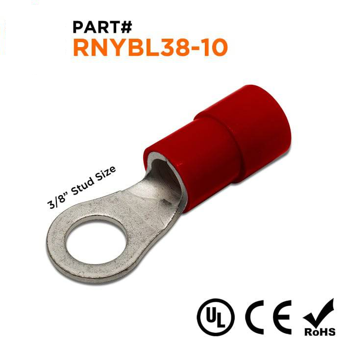 RNYBL38-10 - 2 AWG Con aislamiento de nailon Terminales de anillo, 3/8" Orificio, 10 piezas