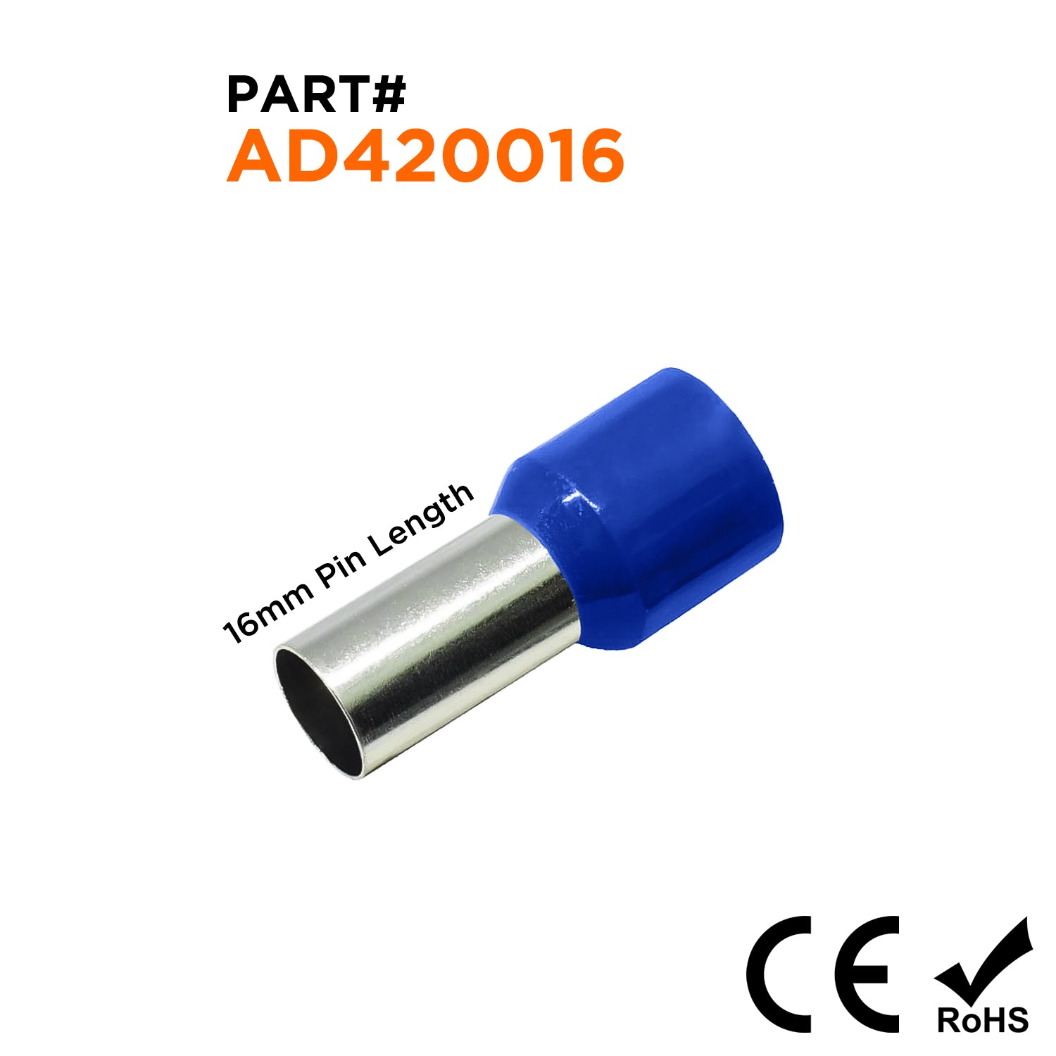 AD420016 - 1 AWG (Small Diameter) Insulated Wire Ferrules, 16mm Pin, Blue, 50 Pieces