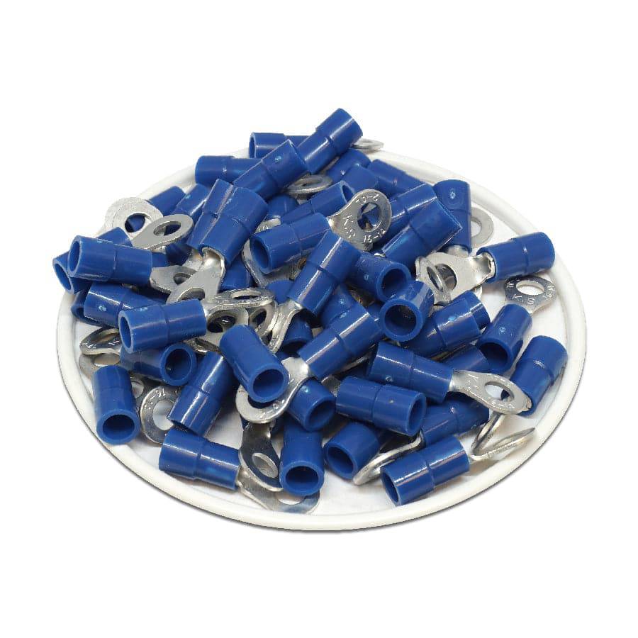 RVYL2-4 - 16 to 14 AWG Molded PVC Vinyl Insulated Ring Terminals, Easy Entry, #8 Stud, 100 Pieces