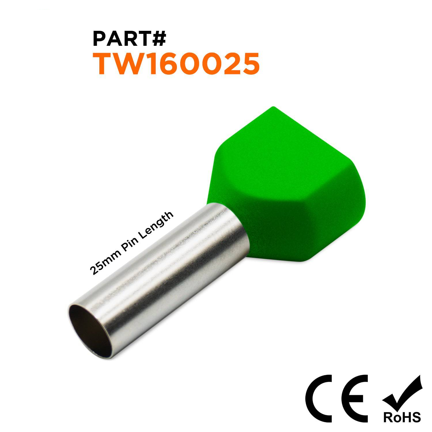 TW160025 - 2x6 AWG (25mm Pin) Twin Punteras - Verde, 100 piezas