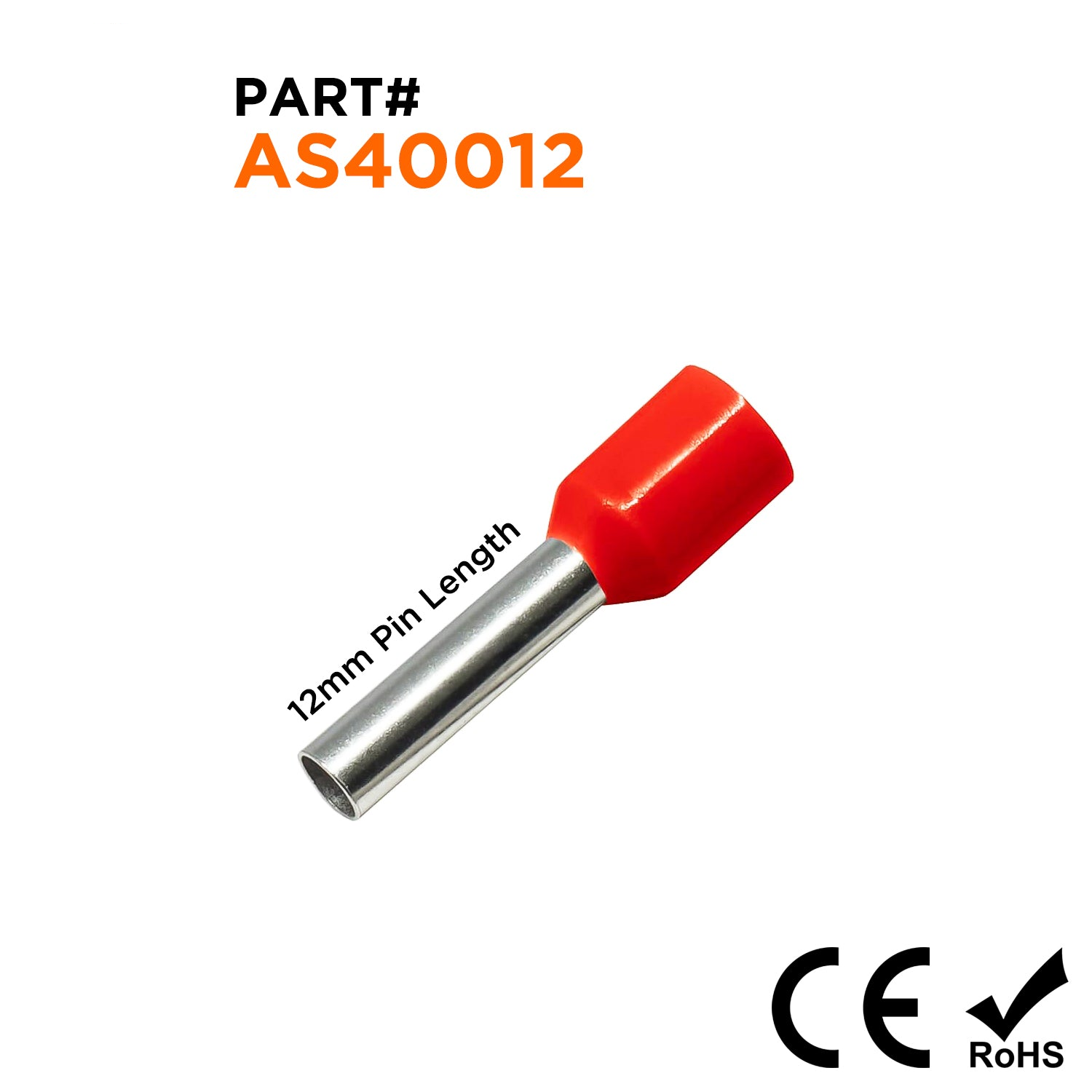 AS40012RD - 12 AWG Insulated Wire Ferrules, 12mm Pin, Red, 500 Pieces