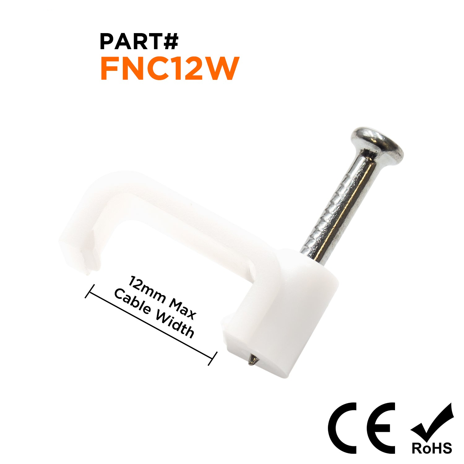 FNC12W - Nail In Cable Grapas, Cable Nails Tacks, Flat, 12mm, 0.47", Blanco, 100 piezas