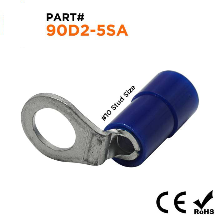90D2-5SA - 16 to 14 AWG Right Angle Nylon Insulated Ring Terminals, #10 Stud, 100 Pieces
