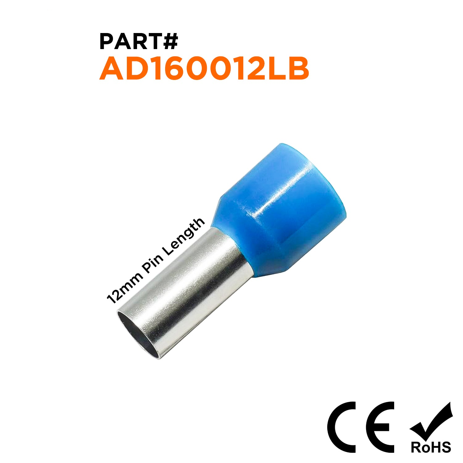 AD160012LB - 6 AWG Insulated Punteras, 12mm Pin, Azul claro, 100 piezas