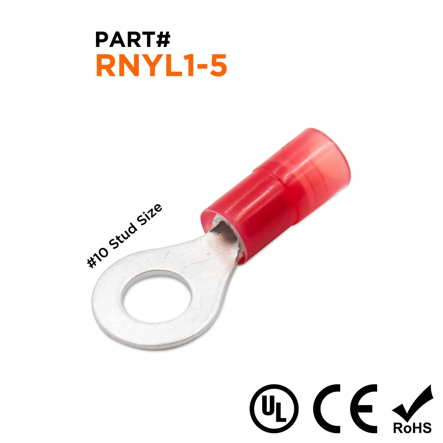 22-16 AWG Con aislamiento de nailon Terminales de anillo, #10 Orificio, Butted Seam, 100 piezas - RNYL1-5