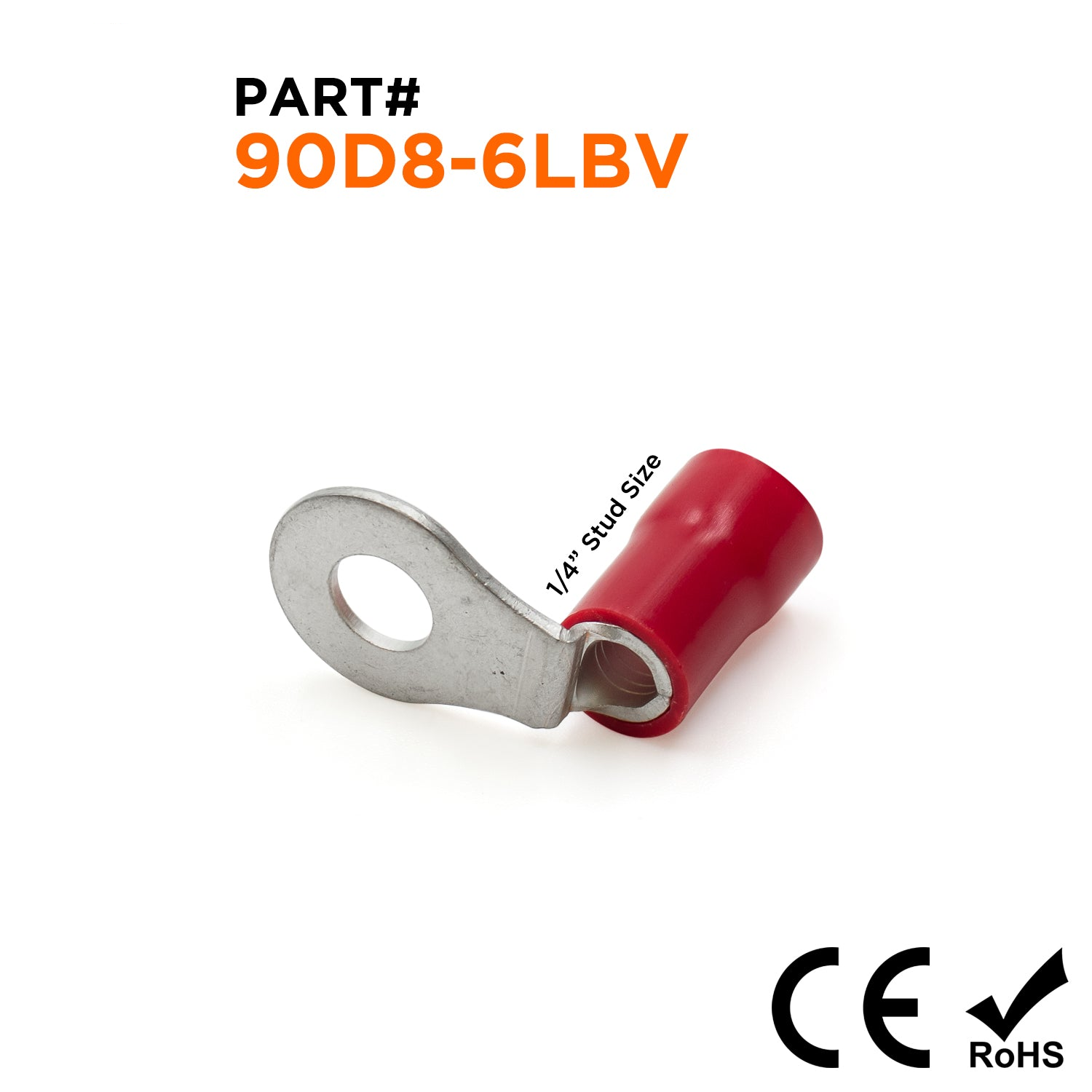 90D8-6LBV - 8 AWG Right Angle PVC Insulated Ring Terminals, 1/4" Stud, 50 Pieces