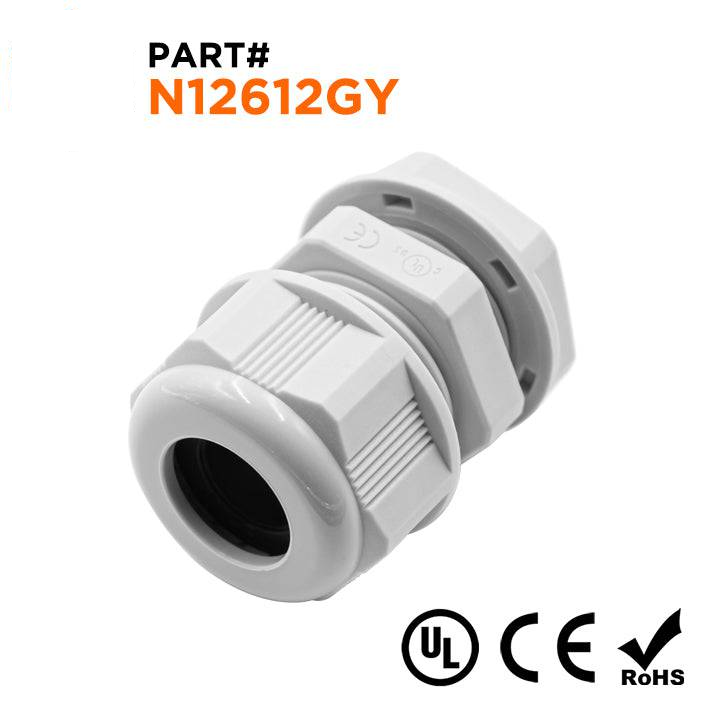 N12612GY - 1/2" NPT Rosca De nailon Prensaestopas, Gris, Rango: 1/4" a 1/2", UL Listed, IP68, IP69K - 1 pieza