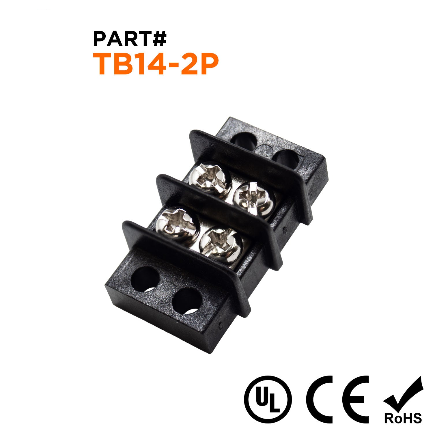 TB14-2P - Barrier Strip Terminal Block, Terminal Strip, 2 Pole, Double Row, 15A, 300V, UL Approved, 1 Piece