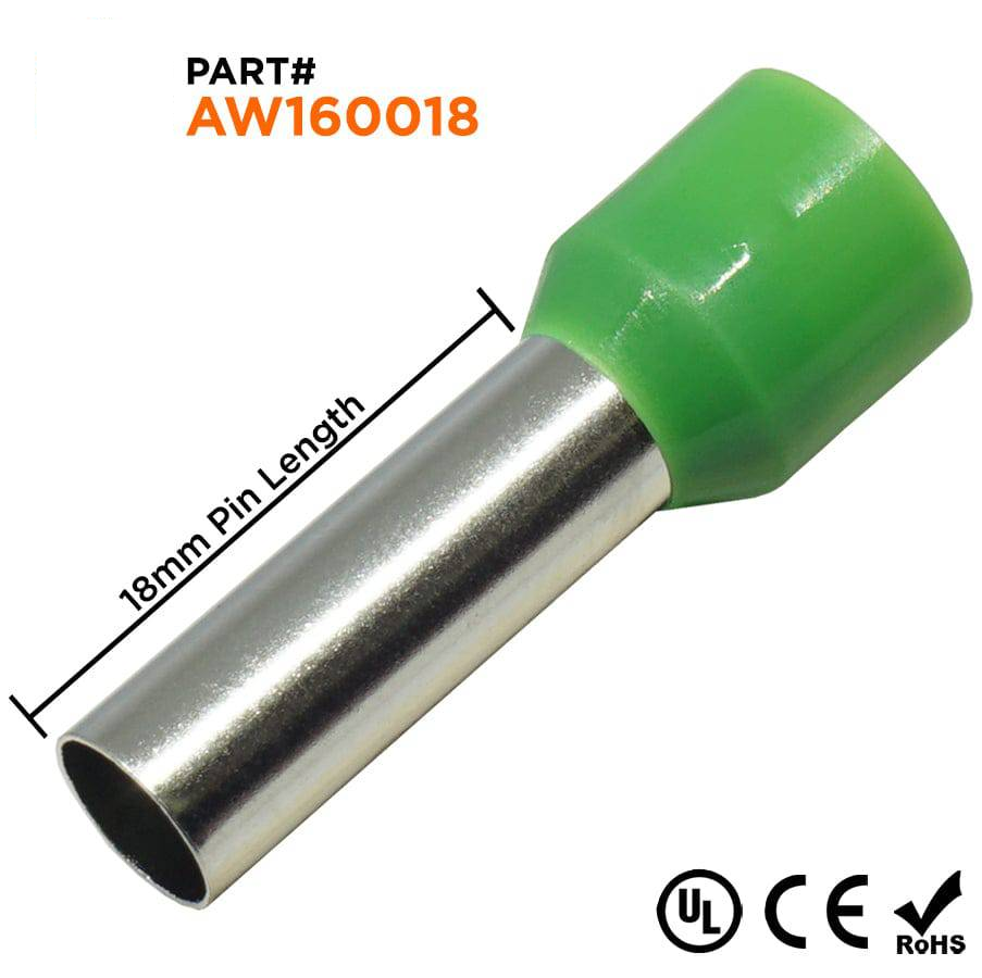 AW160018 - 6 AWG Insulated Wire Ferrules, 18mm Pin, Green, UL Recognized, 100 Pieces