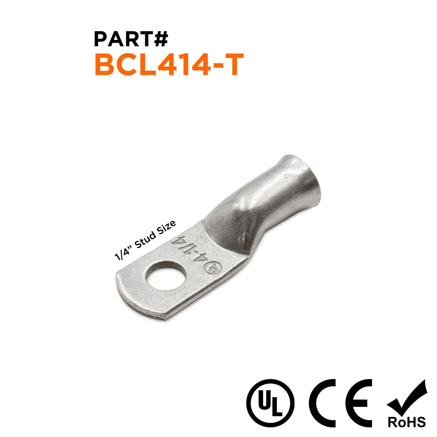 BCL414-T - 4 AWG Battery Cable Lugs, Tin Plated Copper, Terminal Lugs, 1/4" Stud, 1 Piece