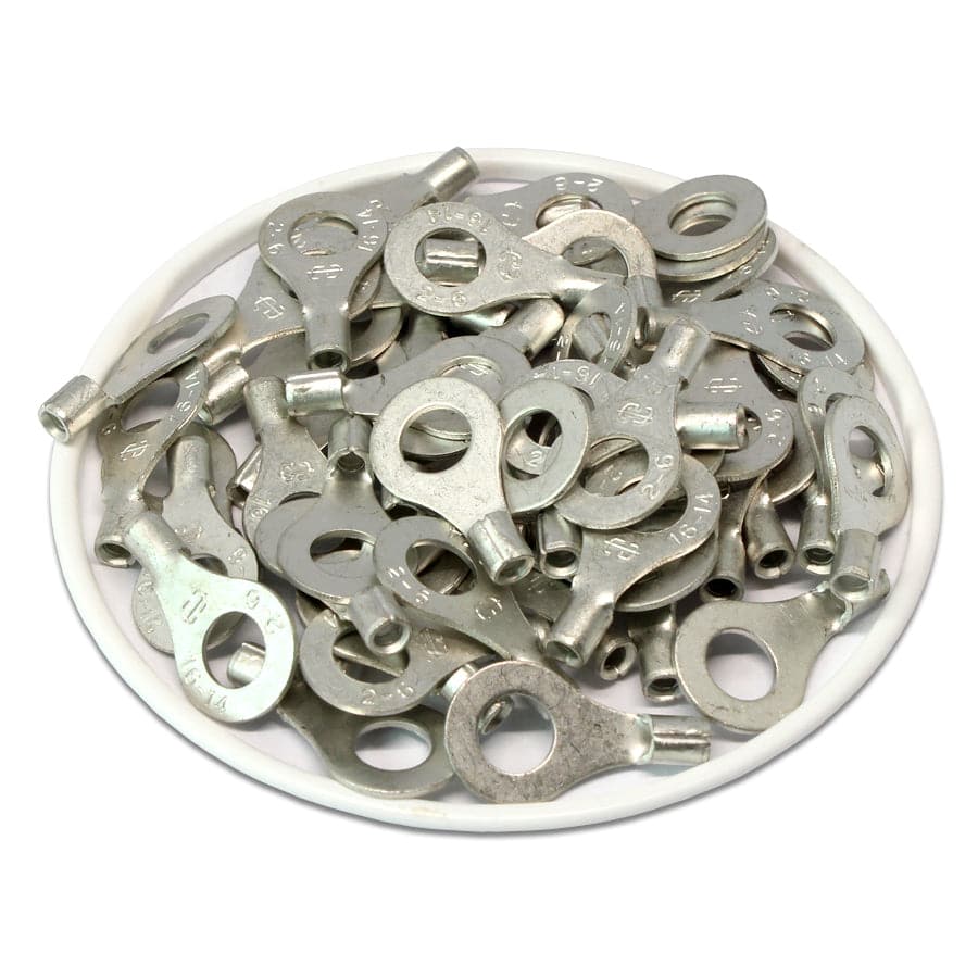 RNB2-6 - 16 to 14 AWG Non Insulated Ring Terminals, 1/4" Stud, UL Recognized, 100 Pieces