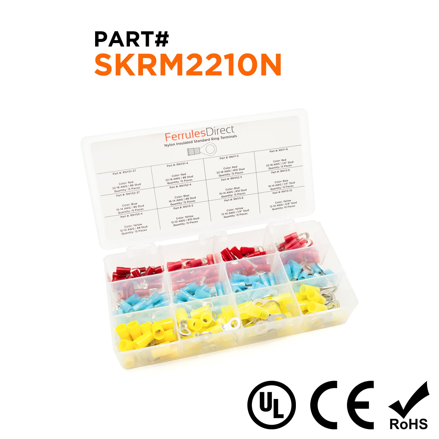 SKRM2210N · 22 a 10 AWG Mini De nailon Terminales de anillo Kit, 180 piezas, 1 Kit