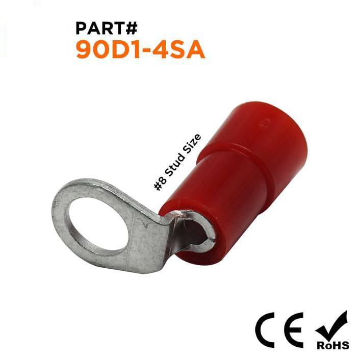 90D1-4SA - 22 to 16 AWG Right Angle Nylon Insulated Ring Terminals, #8 Stud, 100 Pieces