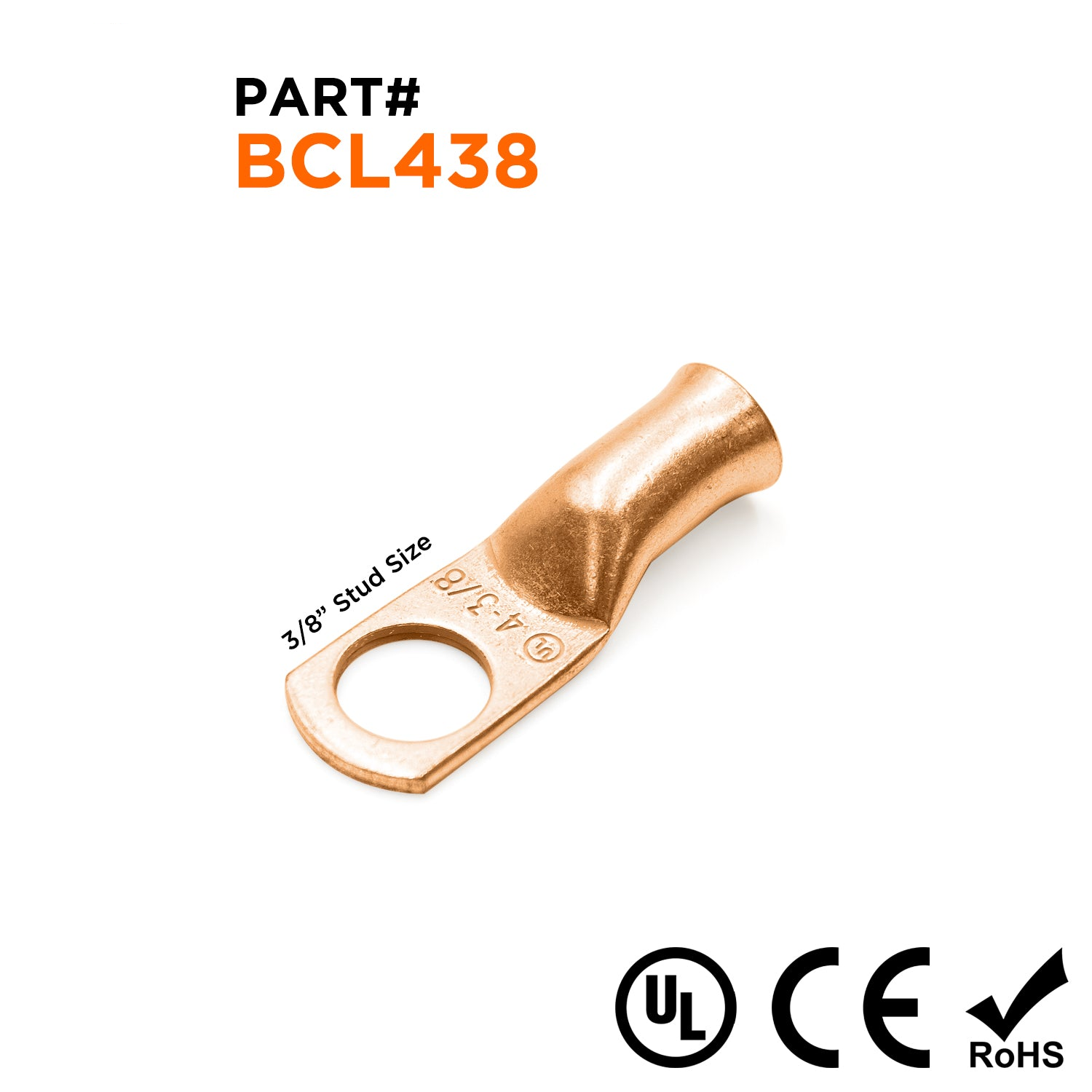 BCL438 - 4 AWG De cobre Battery Cable Lugs, Terminal Lugs, 3/8" Orificio, 1 pieza