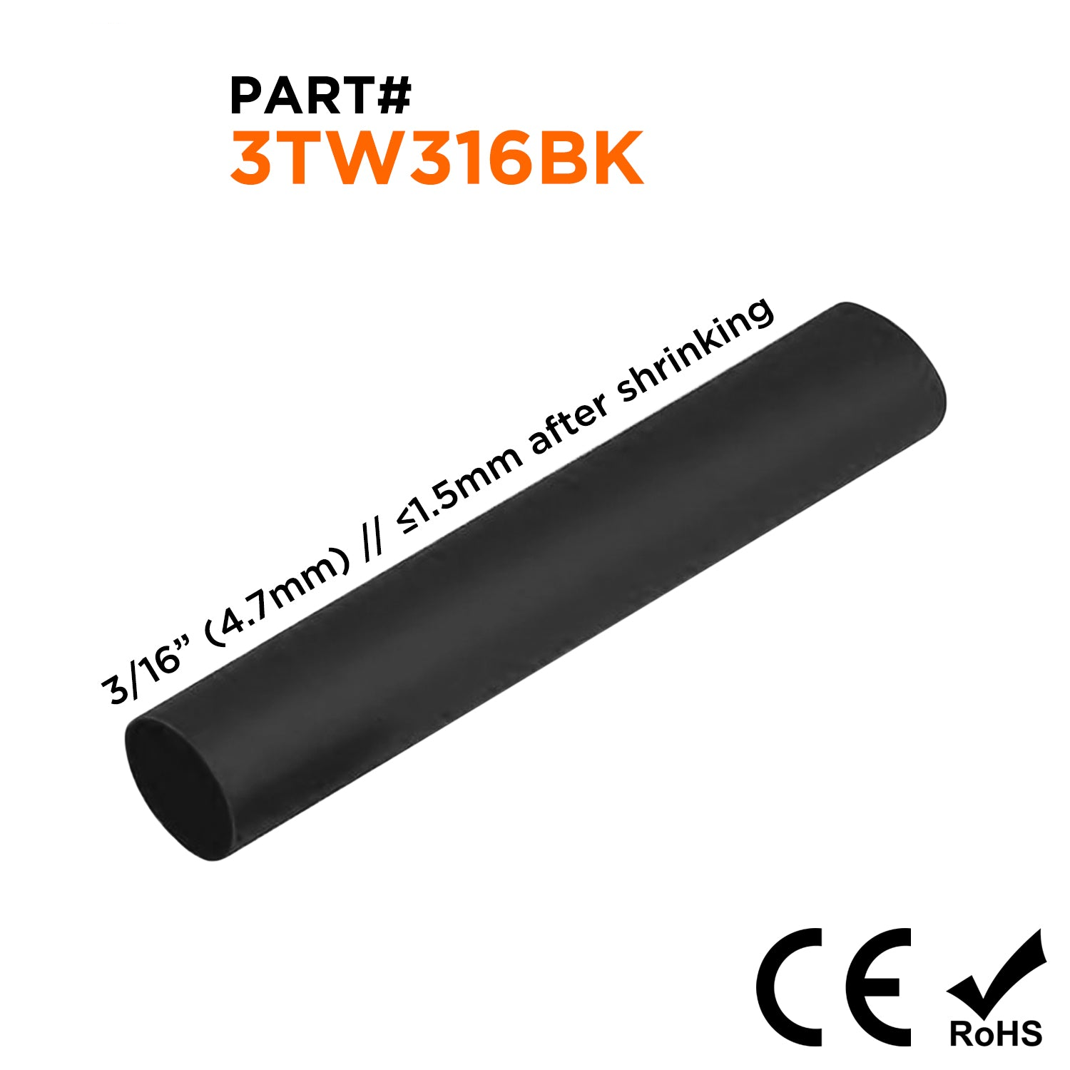 3TW316BK - 3/16" De pared fina Tubo termorretráctil, 3:1 Relación de contracción, Negro, Bobina de 300ft