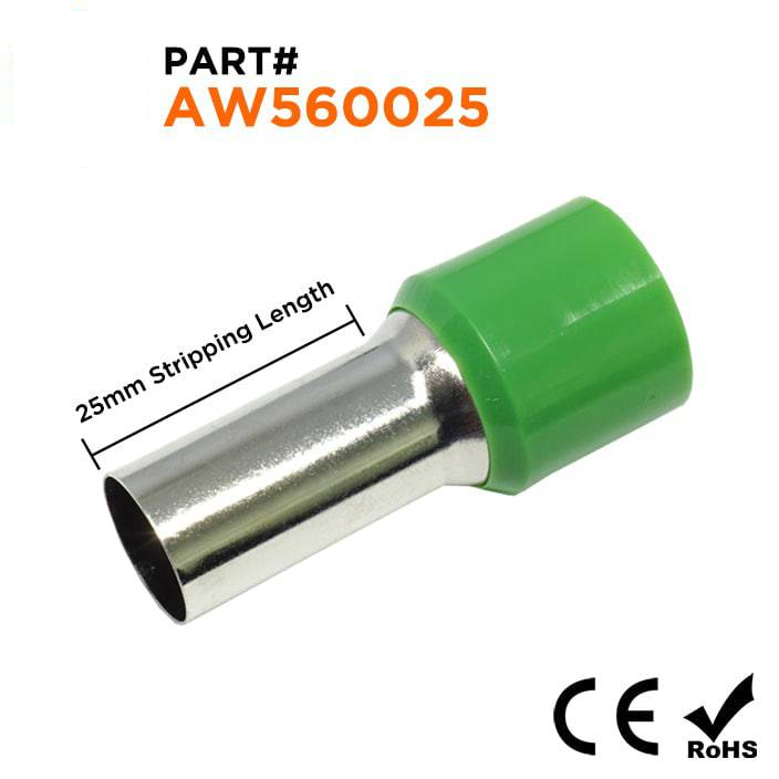 AW560025 - 0 & 1/0 AWG Single Insulated Punteras, 25mm Pin, Olive Verde, 25 piezas