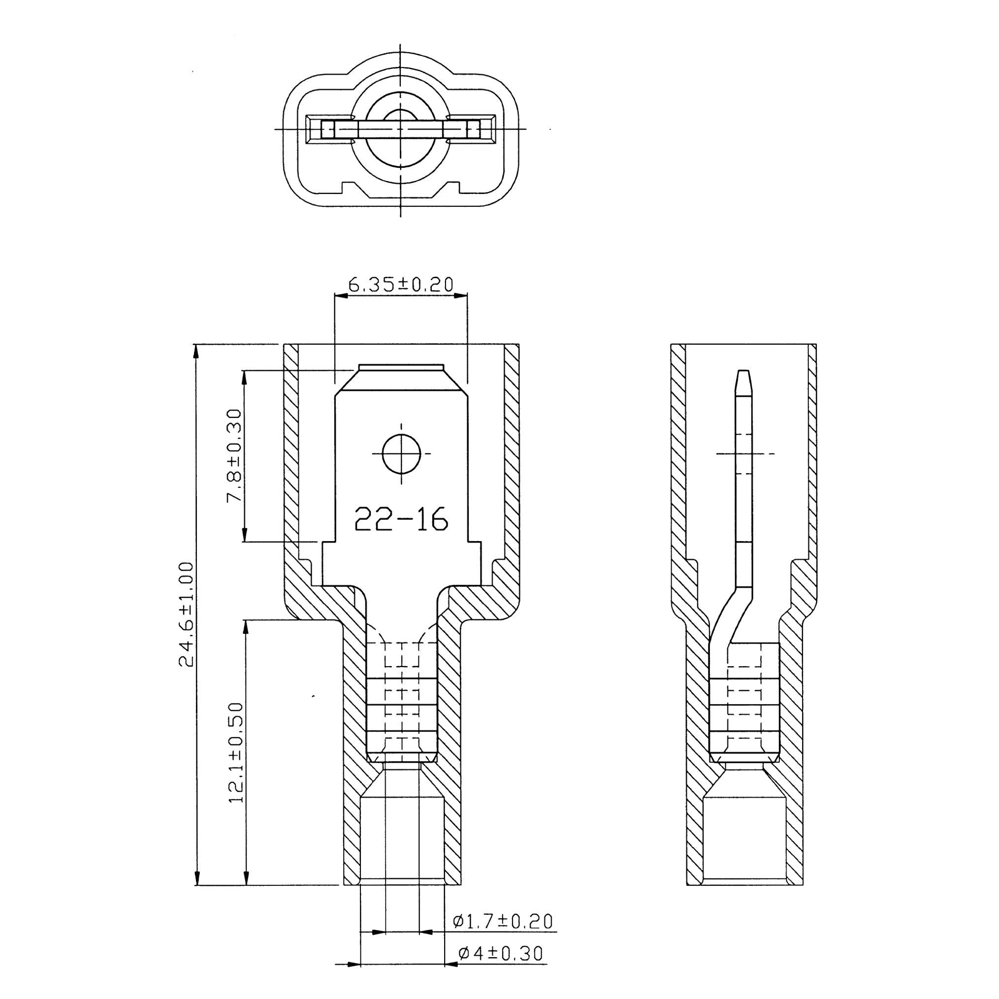 MDFNS1-250 - 22 to 16 AWG Nylon Insulated Quick Disconnects, Male, Fully Insulated, 100 Pieces