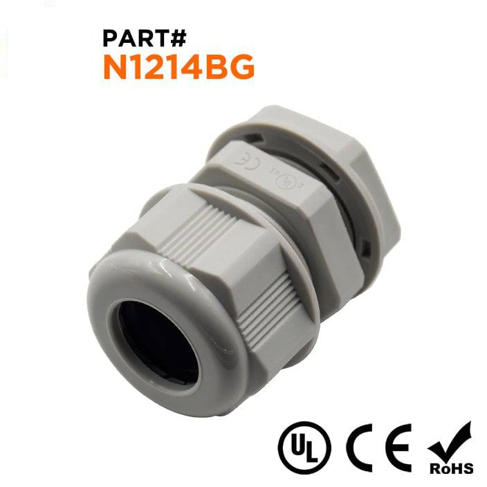 N1214BG - 1/2" NPT Thread Nylon Cable Gland, Beige, Range: 3/8" to 9/16", UL Listed, IP68, IP69K - 1 Piece
