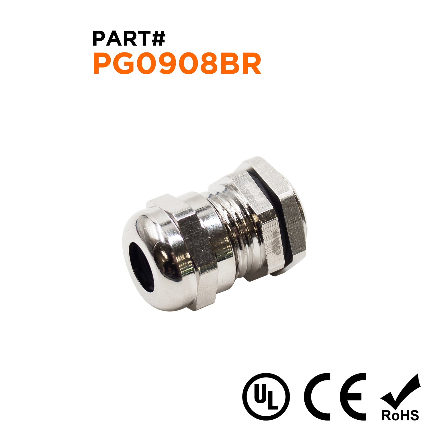 P0908BR - Thread Plated Brass Cable Gland, Range: 3/16" to 5/16", UL Listed, IP68, IP69K - 1 Piece
