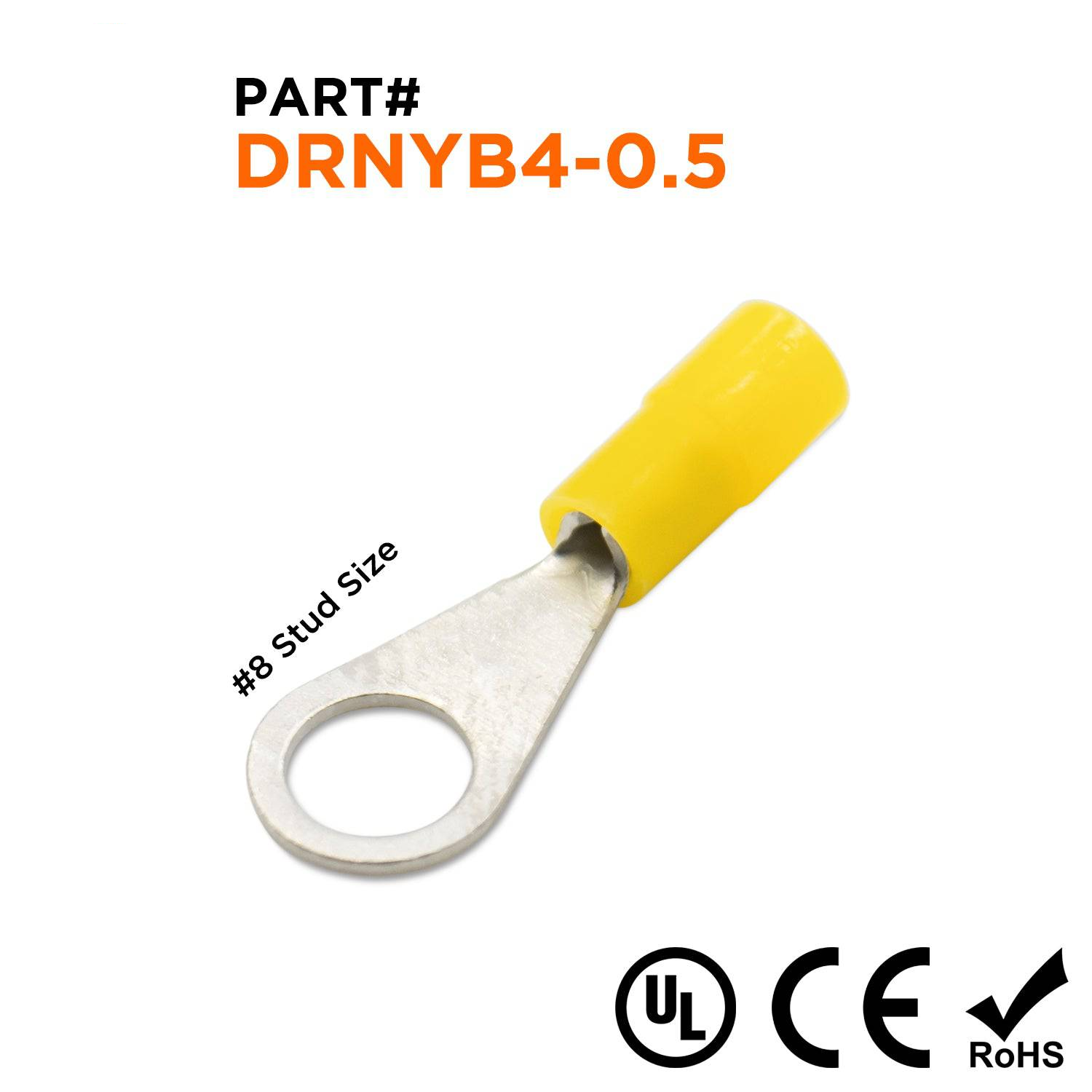 DRNYB4-0.5 - 26 to 22 AWG Nylon Insulated Ring Terminals, #8 Stud, Brazed Seam, DIN 46237, UL Recognized, 100 Pieces