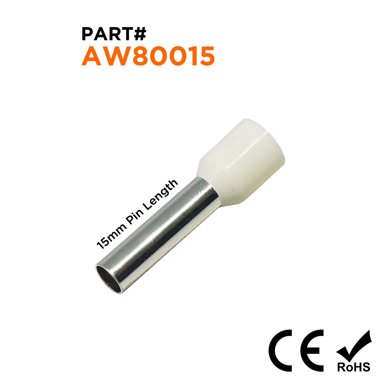 AW80015 - 8 AWG (Small Diameter) Insulated Wire Ferrules, 15mm Pin, Beige, 100 Pieces