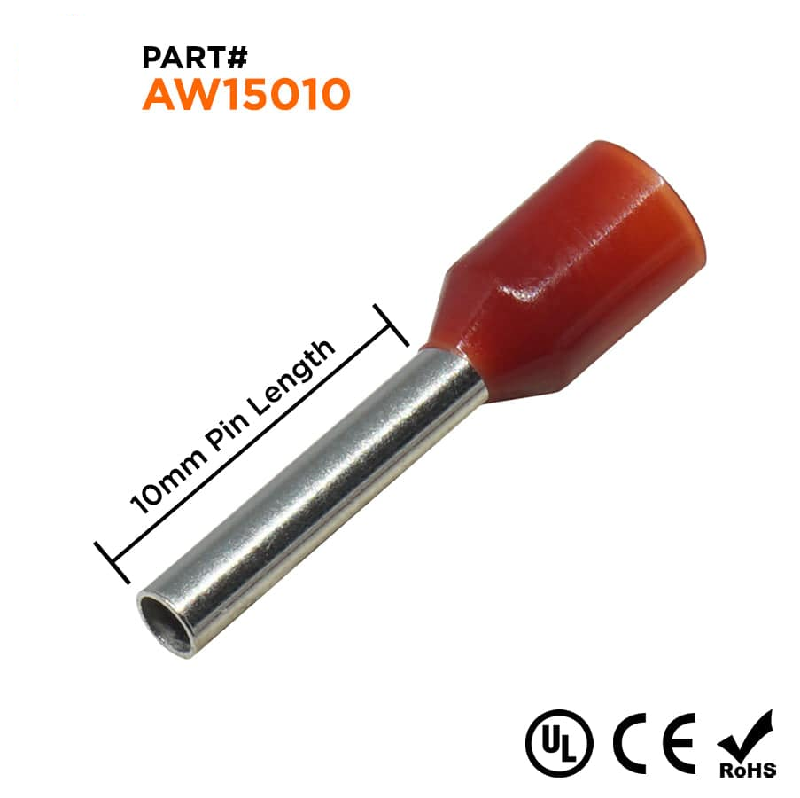 AW15010 - 16 AWG Insulated Wire Ferrules, 10mm Pin, Red, UL Recognized, 500 Pieces