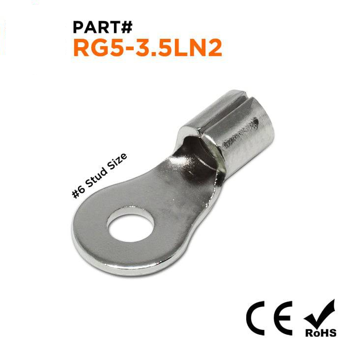 RG5-3.5LN2 - 12 a 10 AWG De alta temperatura Terminales de anillo, #6 Orificio, De acero, 900°F, 100 piezas
